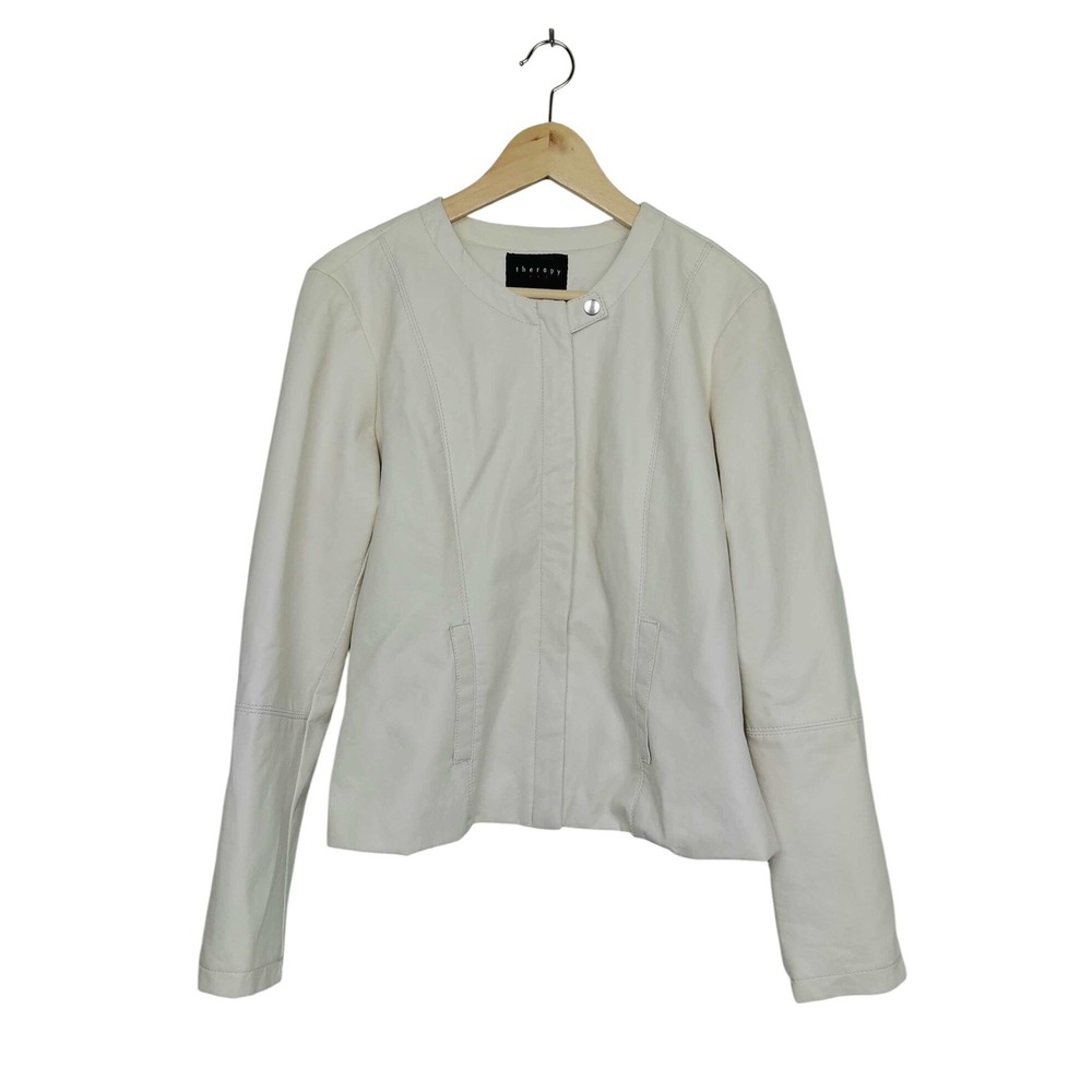 Therapy Women's Cream Faux Leather Jacket Collarless Full Zip Size Large